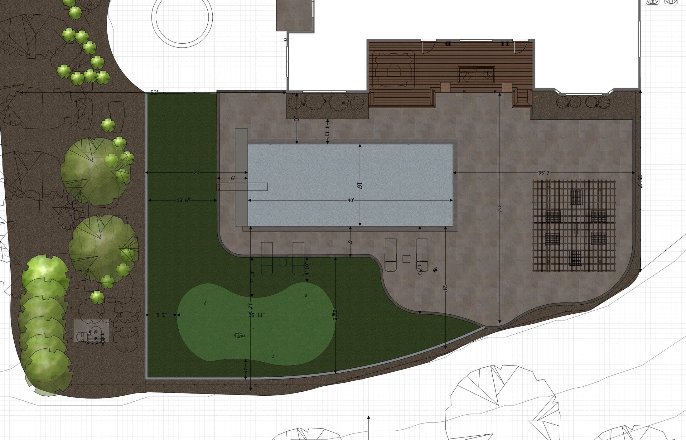 2D site plan of a rectangle pool, paver deck, and putting green
