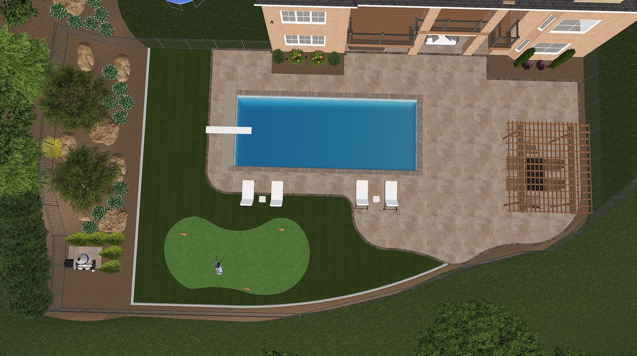 3D sketch of the rectangle pool, paver deck, and putting green