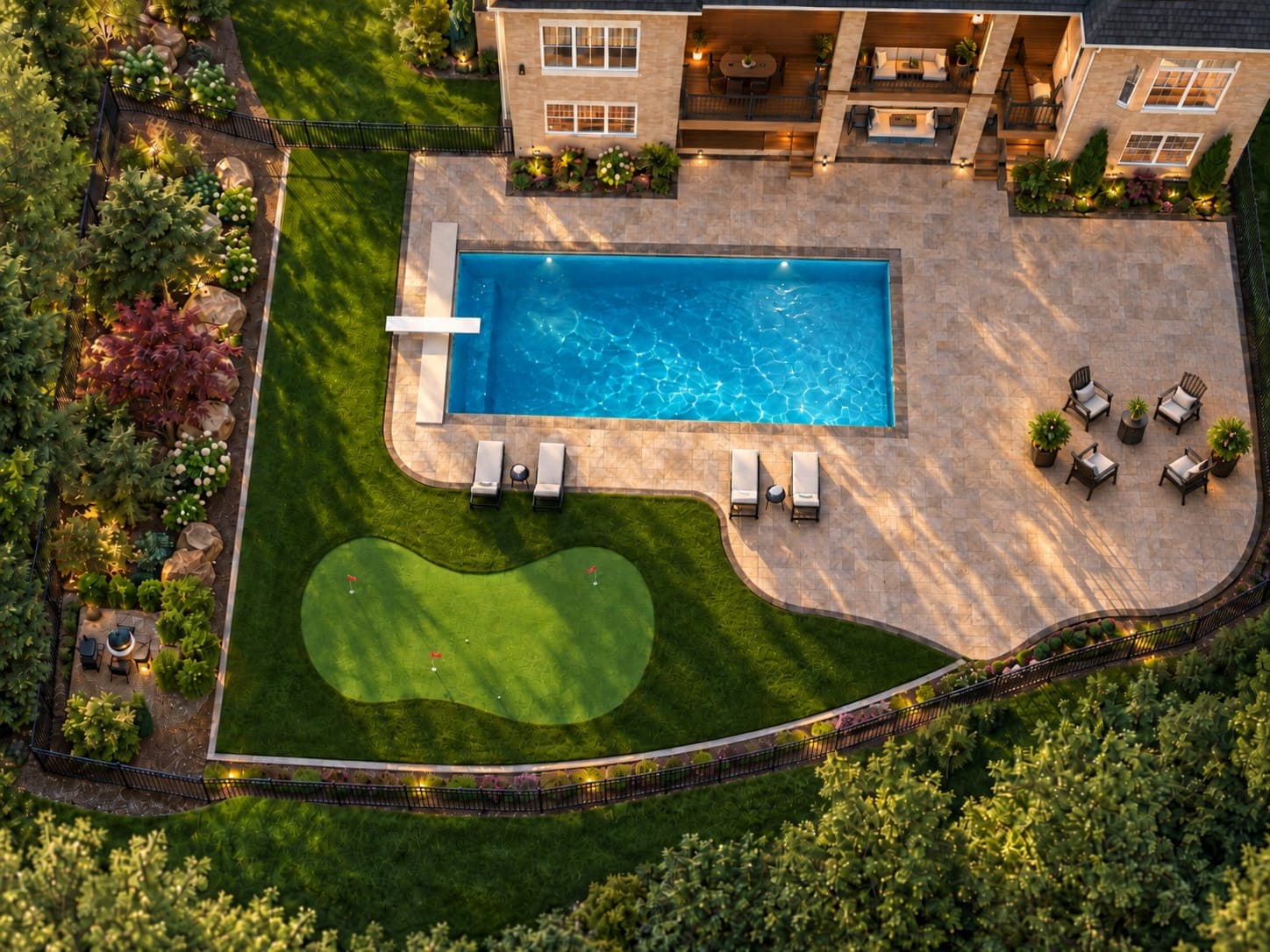Final 3D design of the same pool and putting green, with the landscape lighting placed