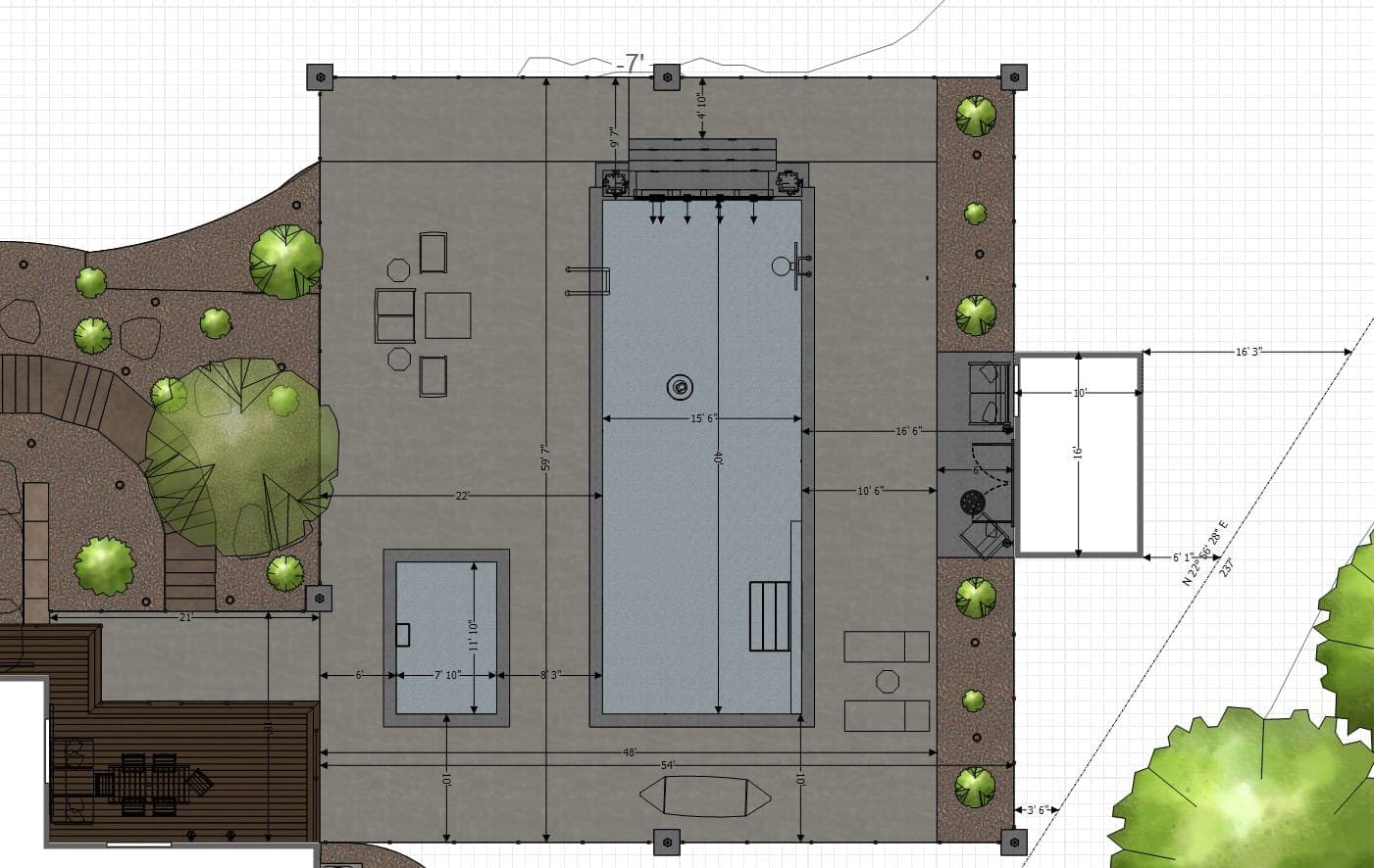 2D site plan of a rectangle pool with a spa and a pool house