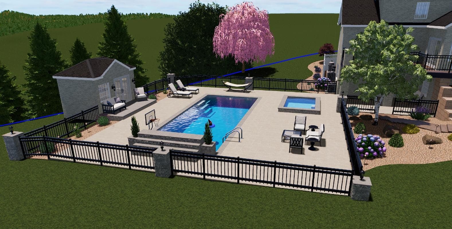 3D sketch of the pool, spa, fenced paver deck, and pool house
