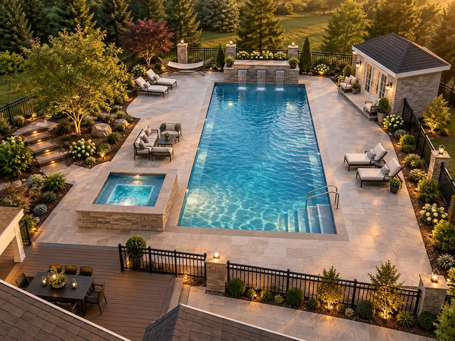 Final 3D design of the same pool, spa, and pool house, with the lighting placed