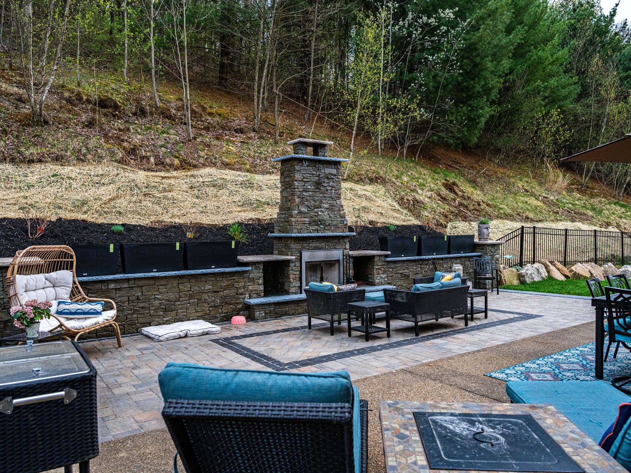 outdoor fireplace kitchen full view - Elements Landscape Management