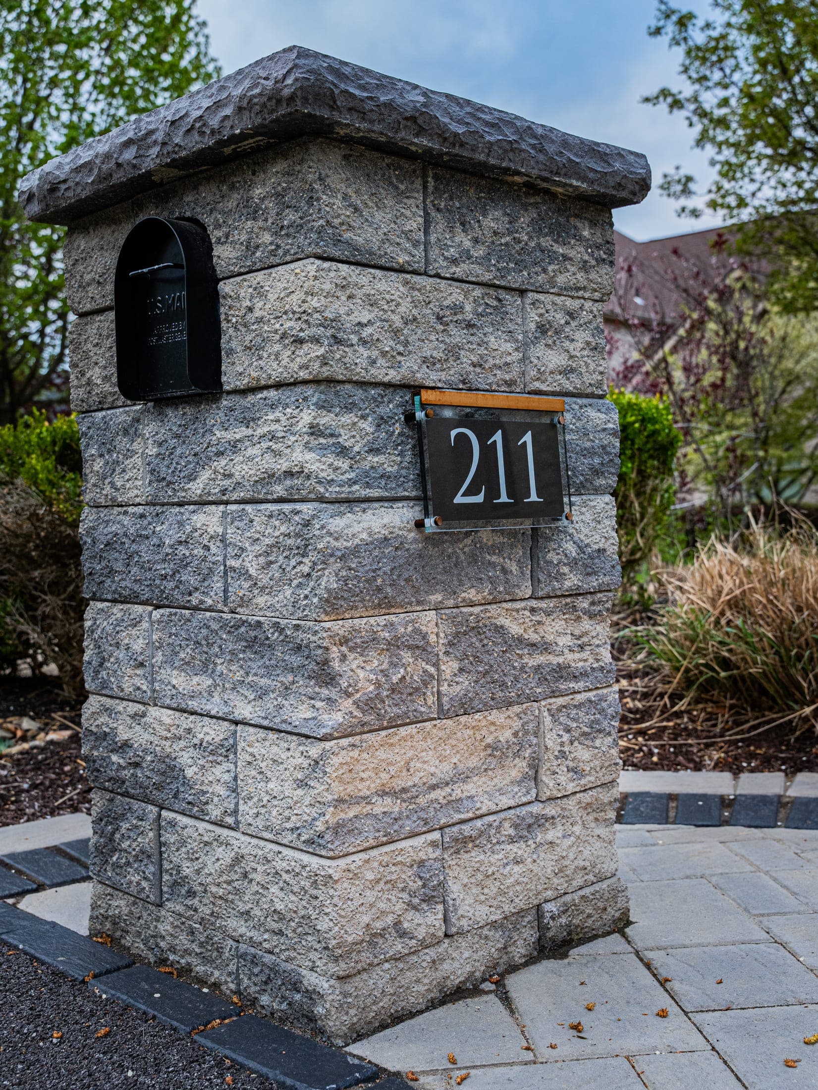 stone mailbox pillar plaque - Elements Landscape Management