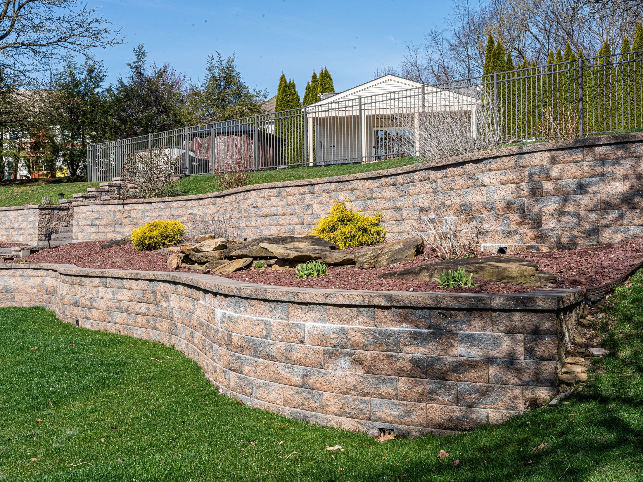 Two-tier terraced retaining wall