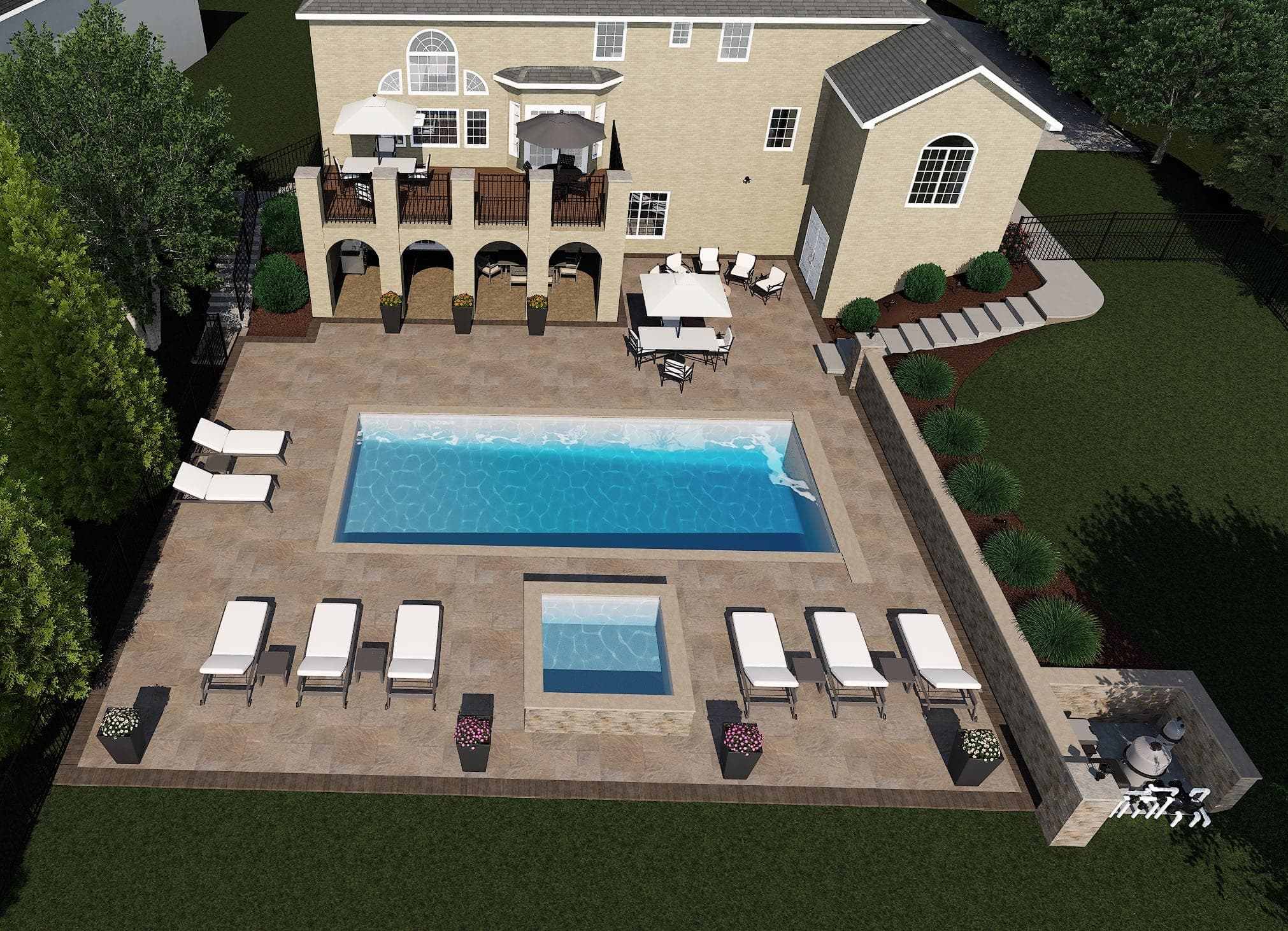 3D aerial visualization of a full backyard: pool, spa, paver deck, and retaining wall
