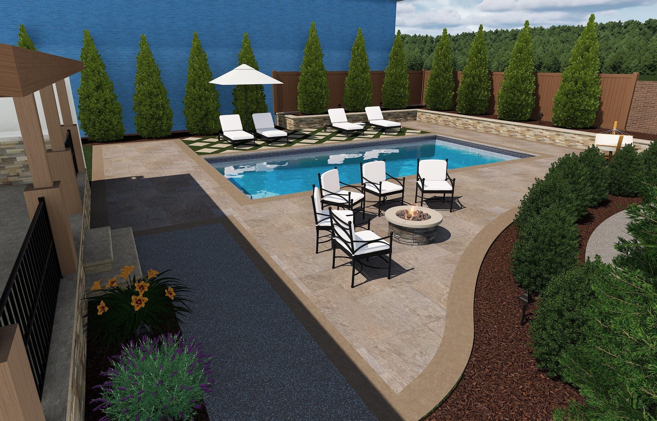 3D design render of a pool, fire pit, and lounge deck