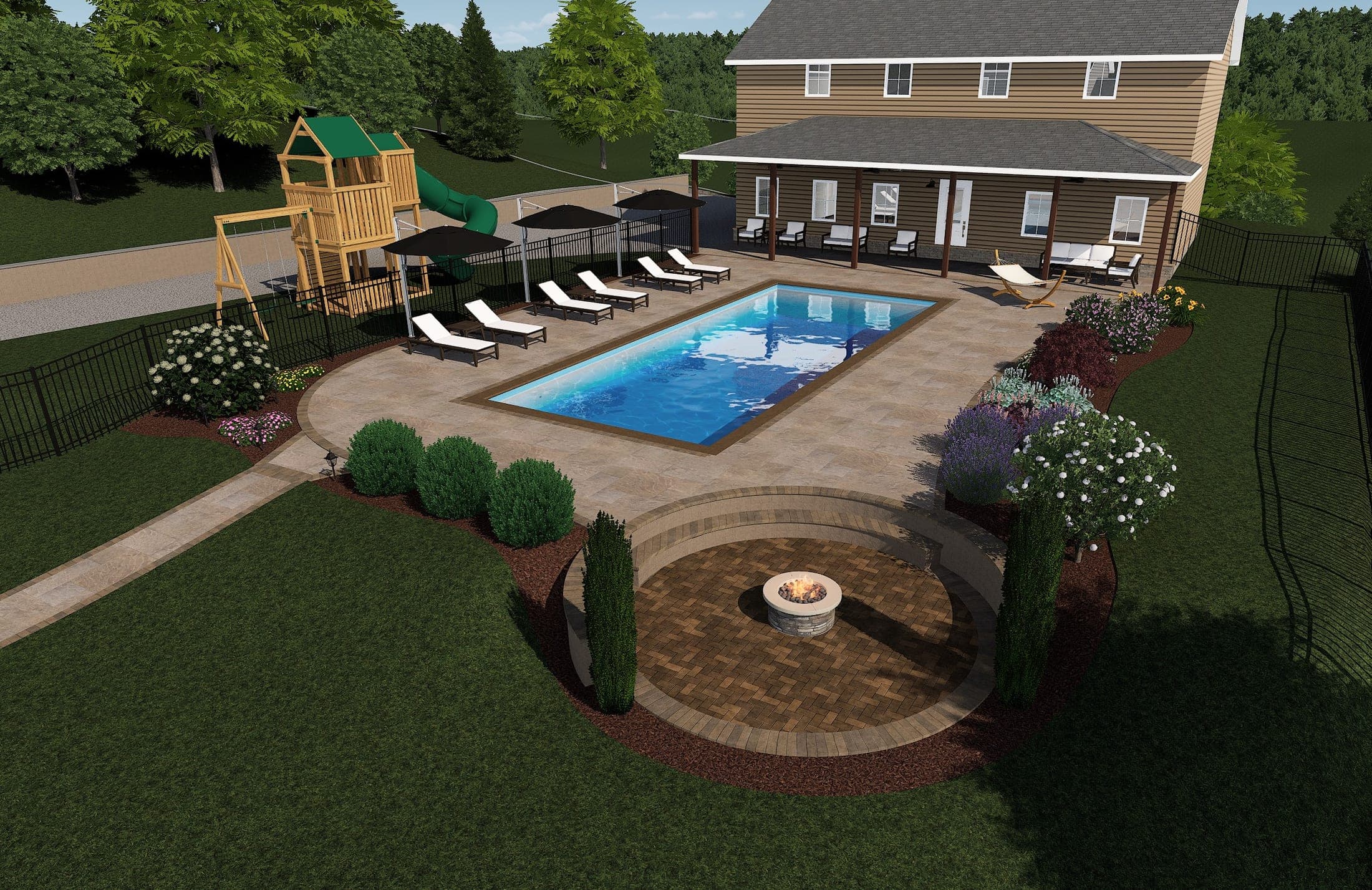 3D visualization of a pool with a sunken fire pit patio and a playset
