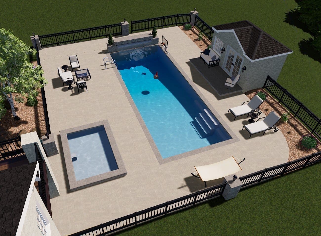 3D design render of a rectangular pool with an offset spa, sheer-descent stone wall, and pool house