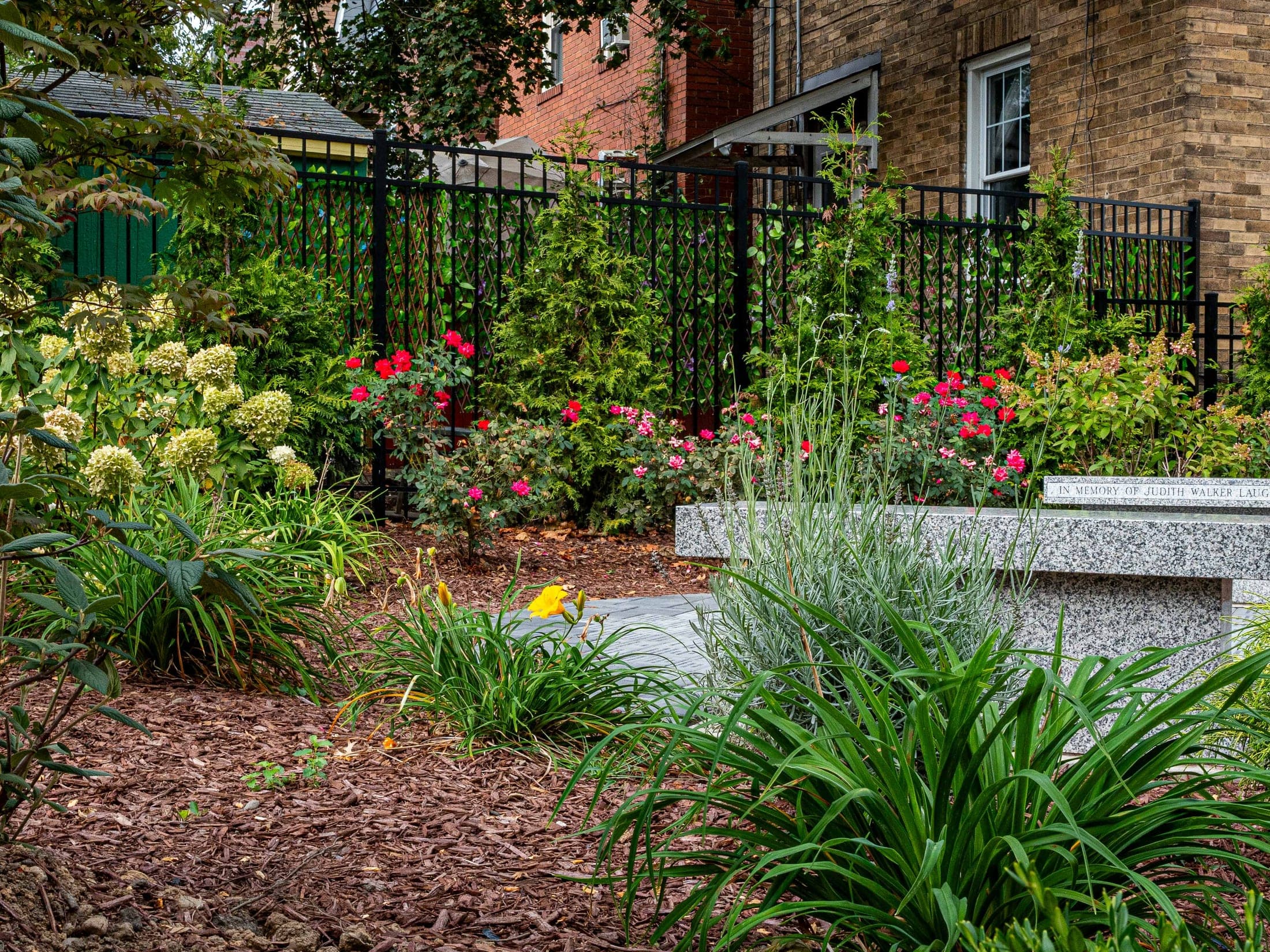 Memorial garden planted with roses and hydrangeas