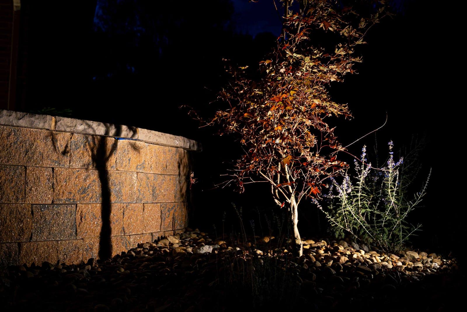 Landscape lighting uplighting a stone wall at night