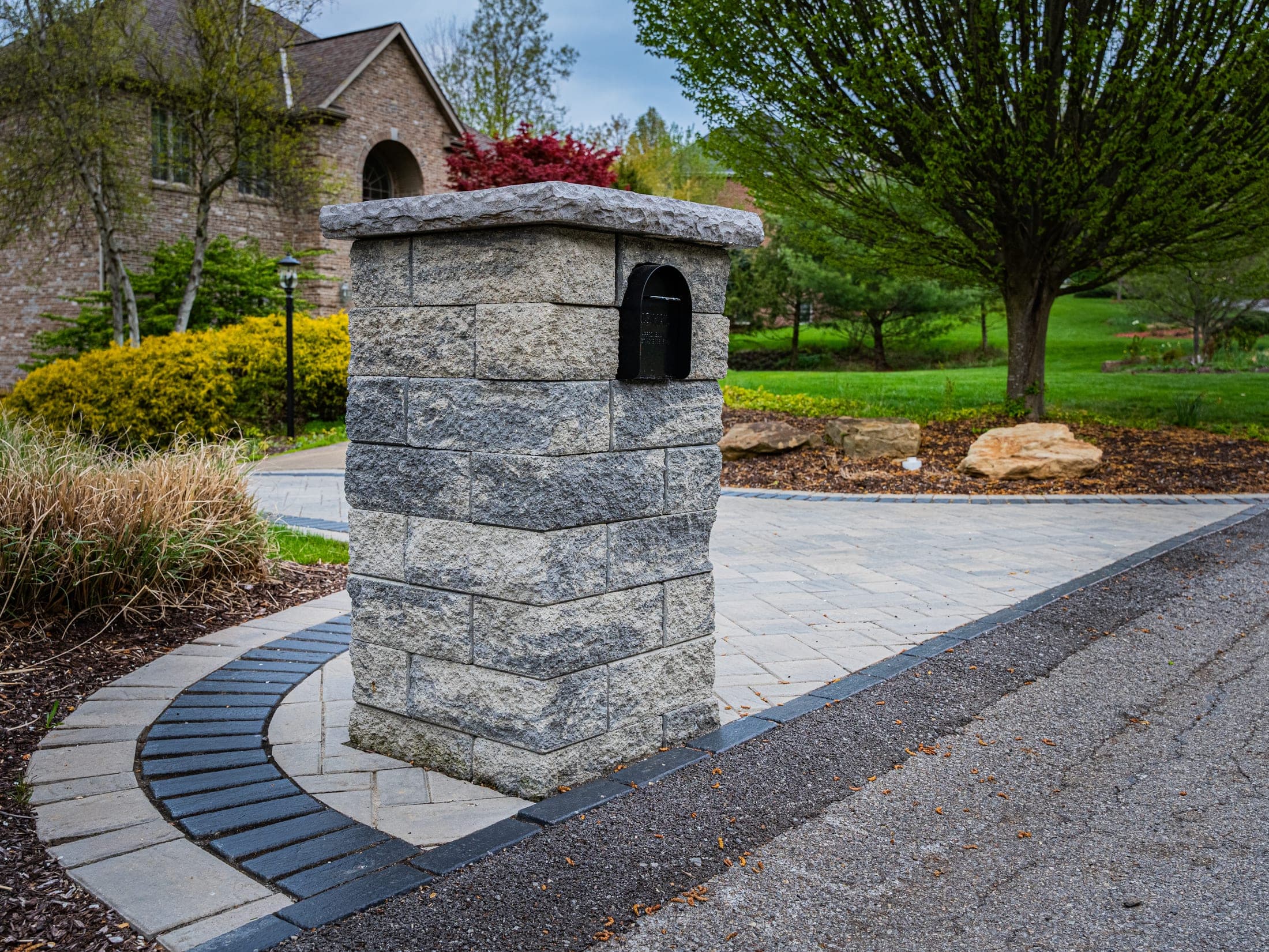 Aerial angle of a paver driveway installation
