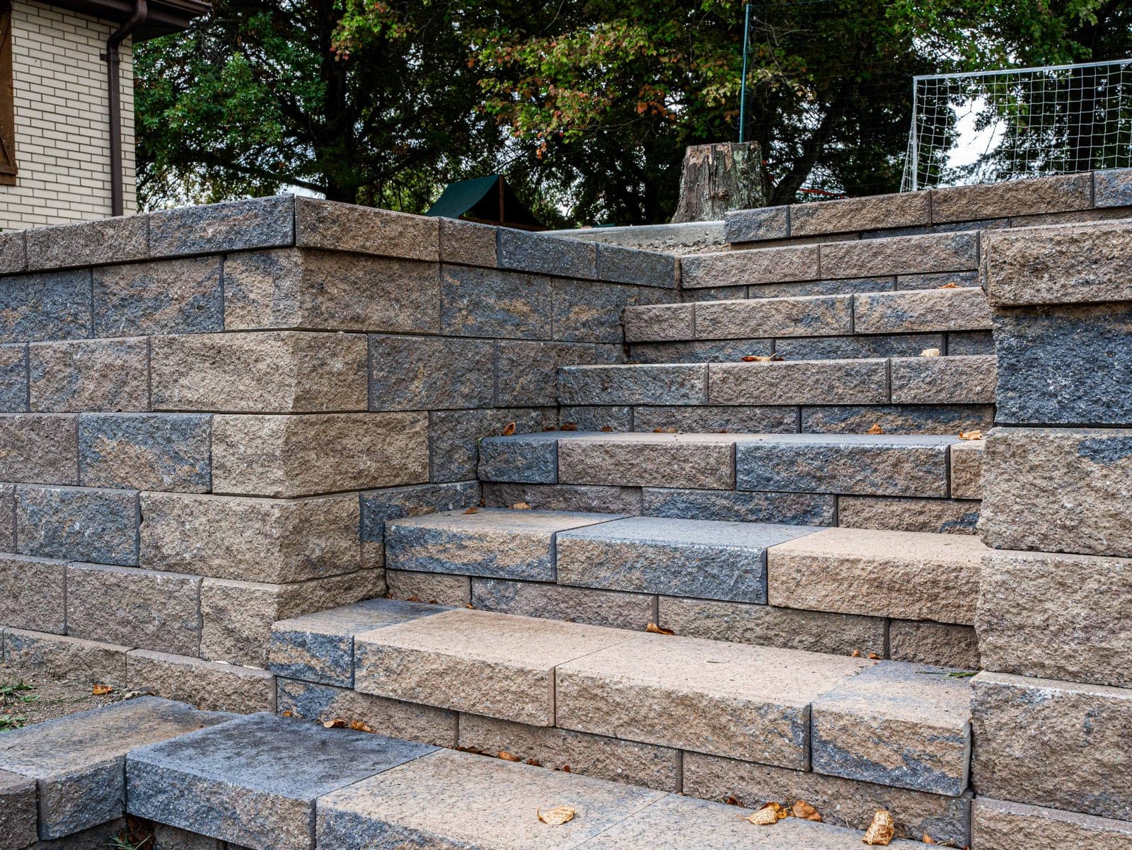 Detail of a stone staircase built into a retaining wall